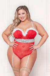 Rhinestone Studded Mesh Teddy Lingerie With Marabou Trim Red Teddies